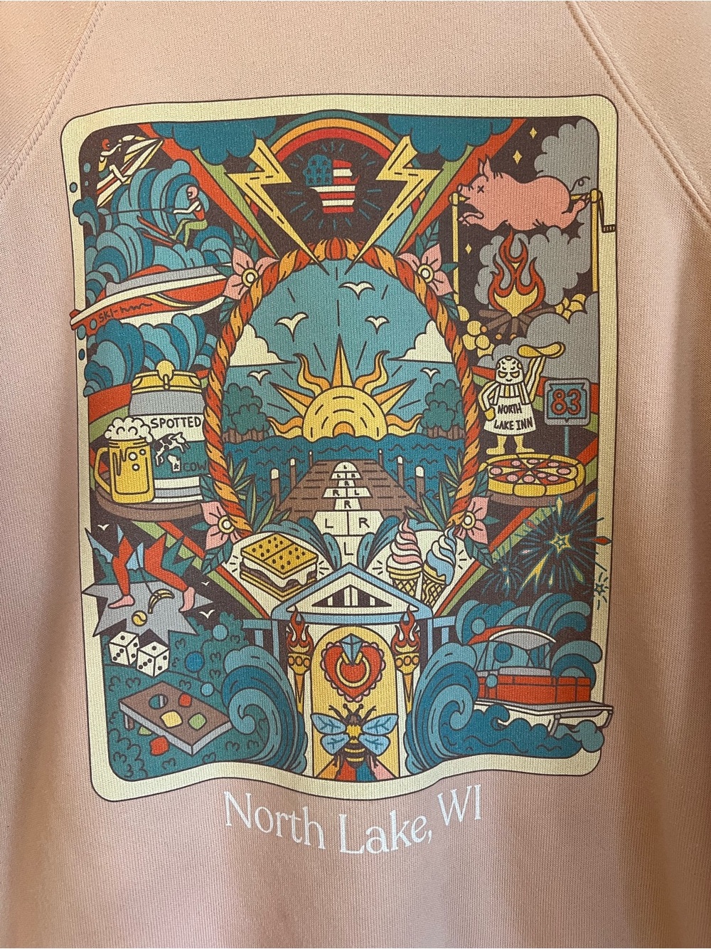 North Lake, WI crew neck sweater colorful and fun!
